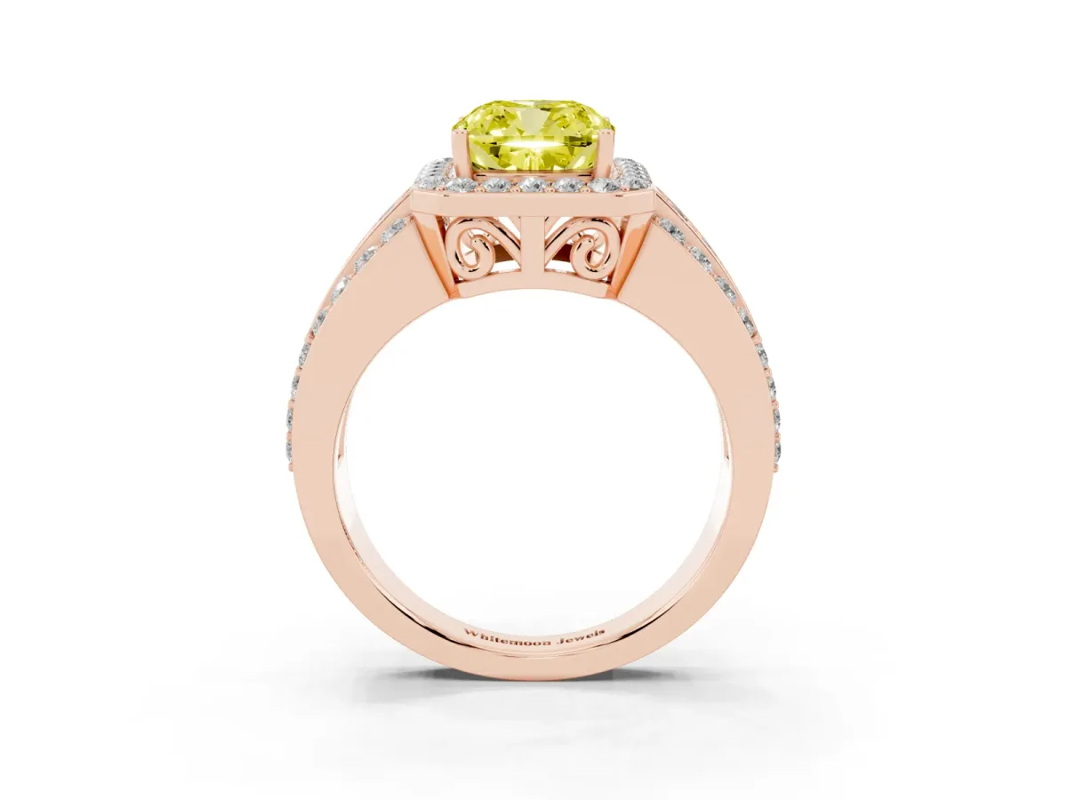 Fancy Yellow Cushion Cut Halo Diamond Ring with Round Split Shank and Prong Setting Rose gold