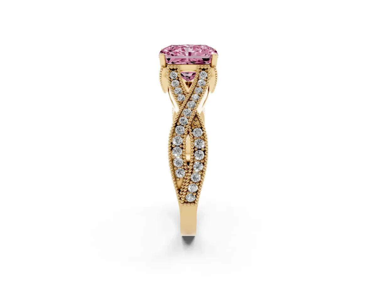 Fancy Pink Radiant Cut Cut Diamond Twisted Band with Milgrain Pave Setting and Four-Prong Setting Yellow gold