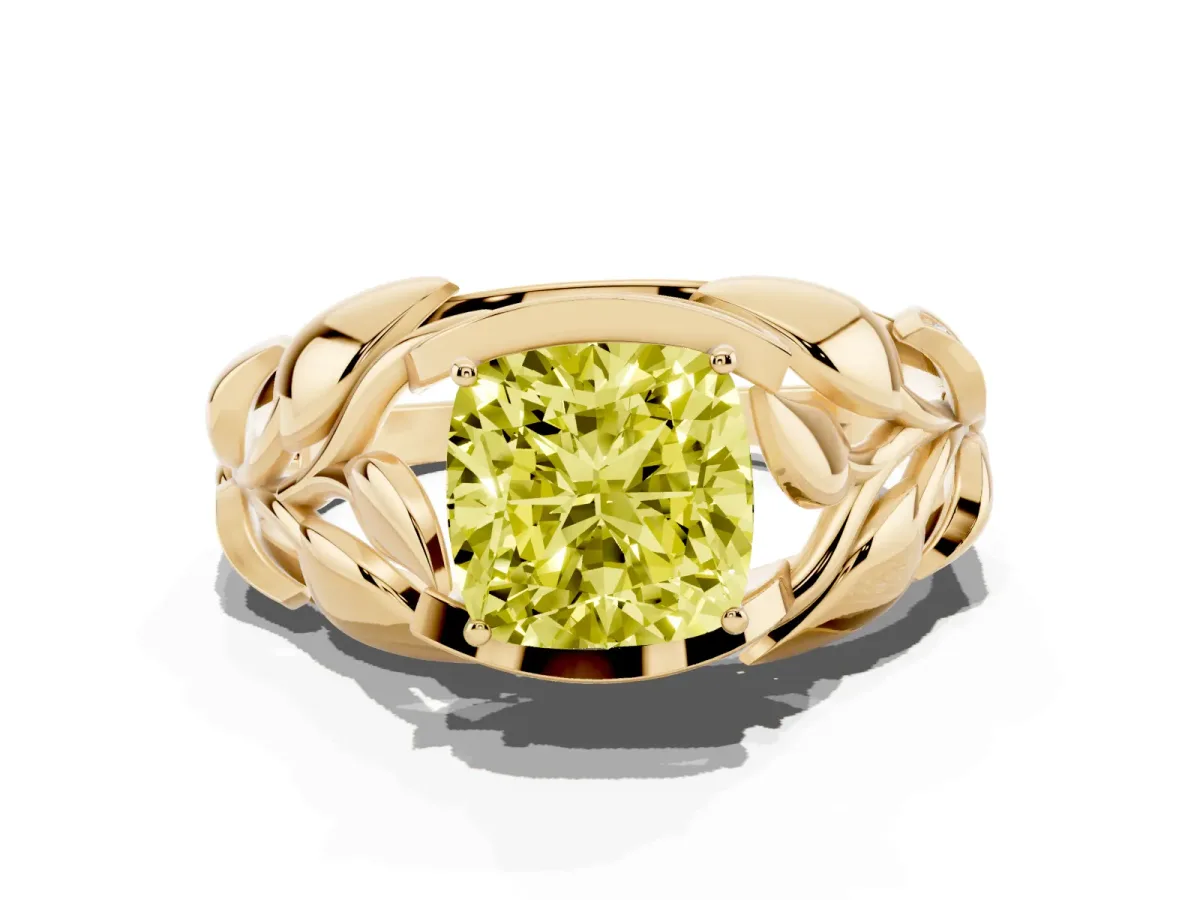 Fancy Yellow Cushion Cut Diamond Leaf-Inspired Engagement Ring with Round Accents and Prong Setting Yellow gold