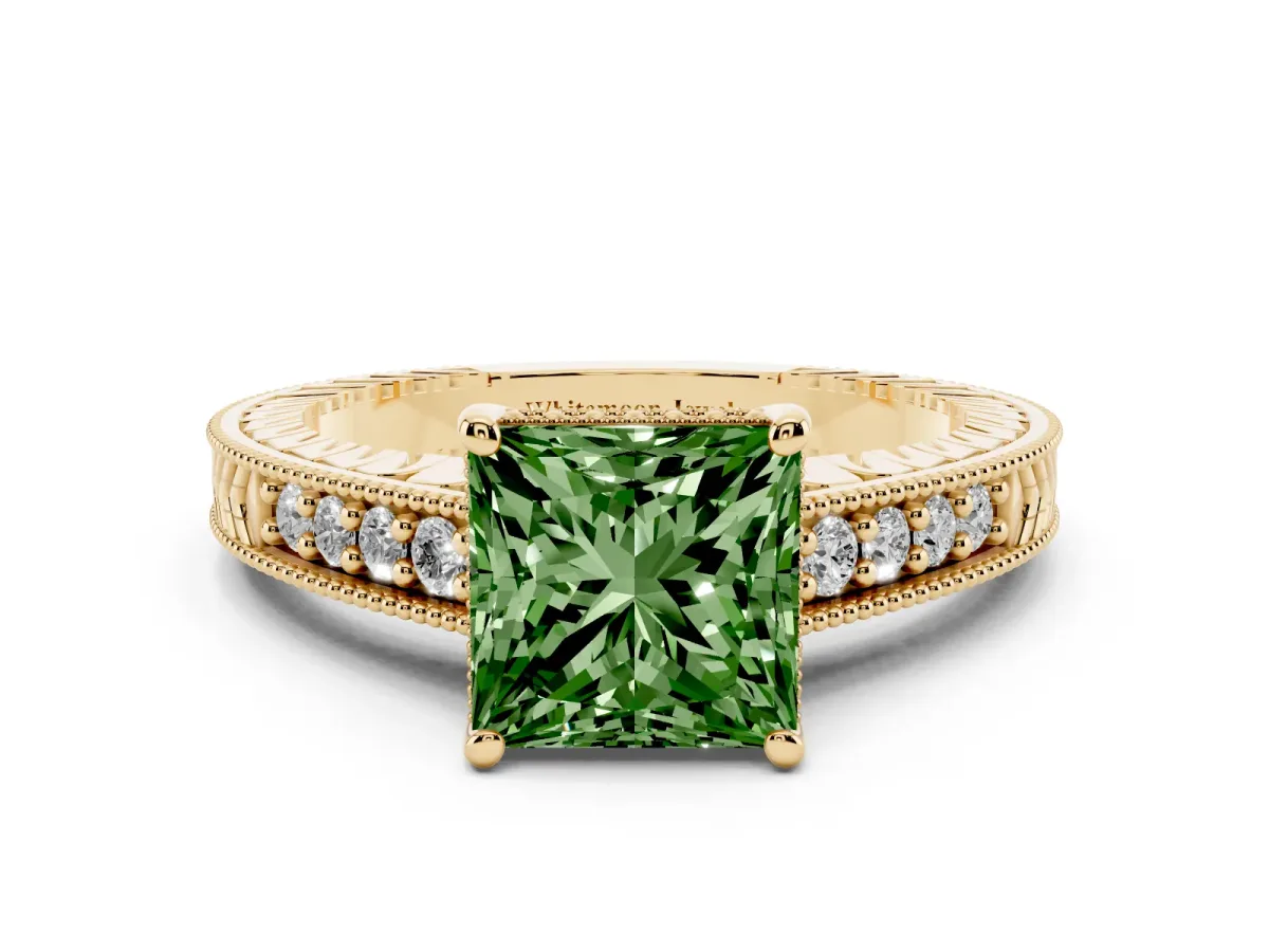 Fancy Green Princess Cut Solitaire Pavé Diamond Milgrain Engagement Ring with Four-Prong Setting Yellow gold