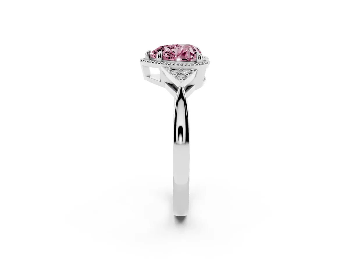 Fancy Pink Hexagonal Halo Heart Cut Diamond Solitaire with Pavé Band and Four-Prong Setting Silver
