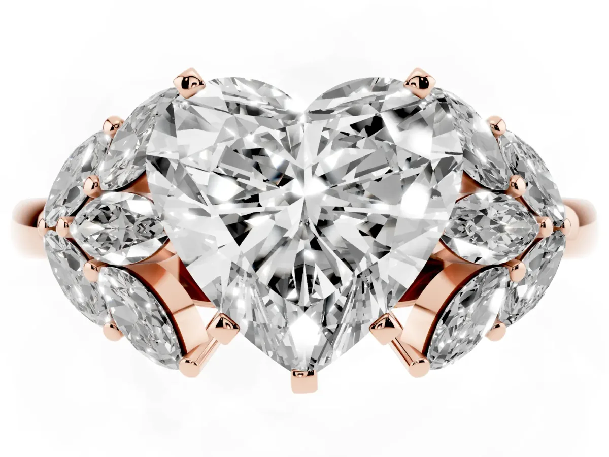 Heart Cut Diamond Cluster Leaf Design Ring with Prong Setting Rose gold