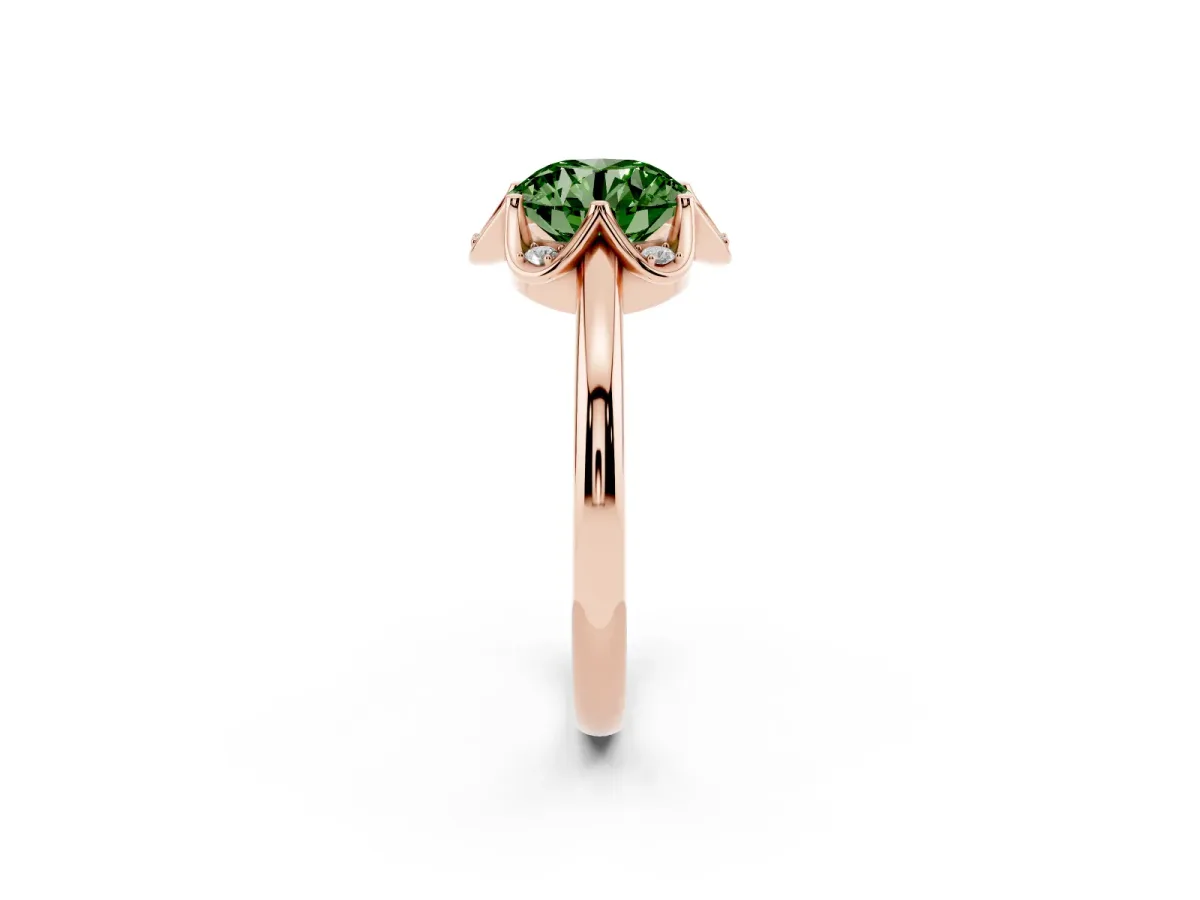 Fancy Green Round Cut Halo Diamond Ring with Round Cluster Setting, Solitaire Band, and Four-Prong Setting Rose gold