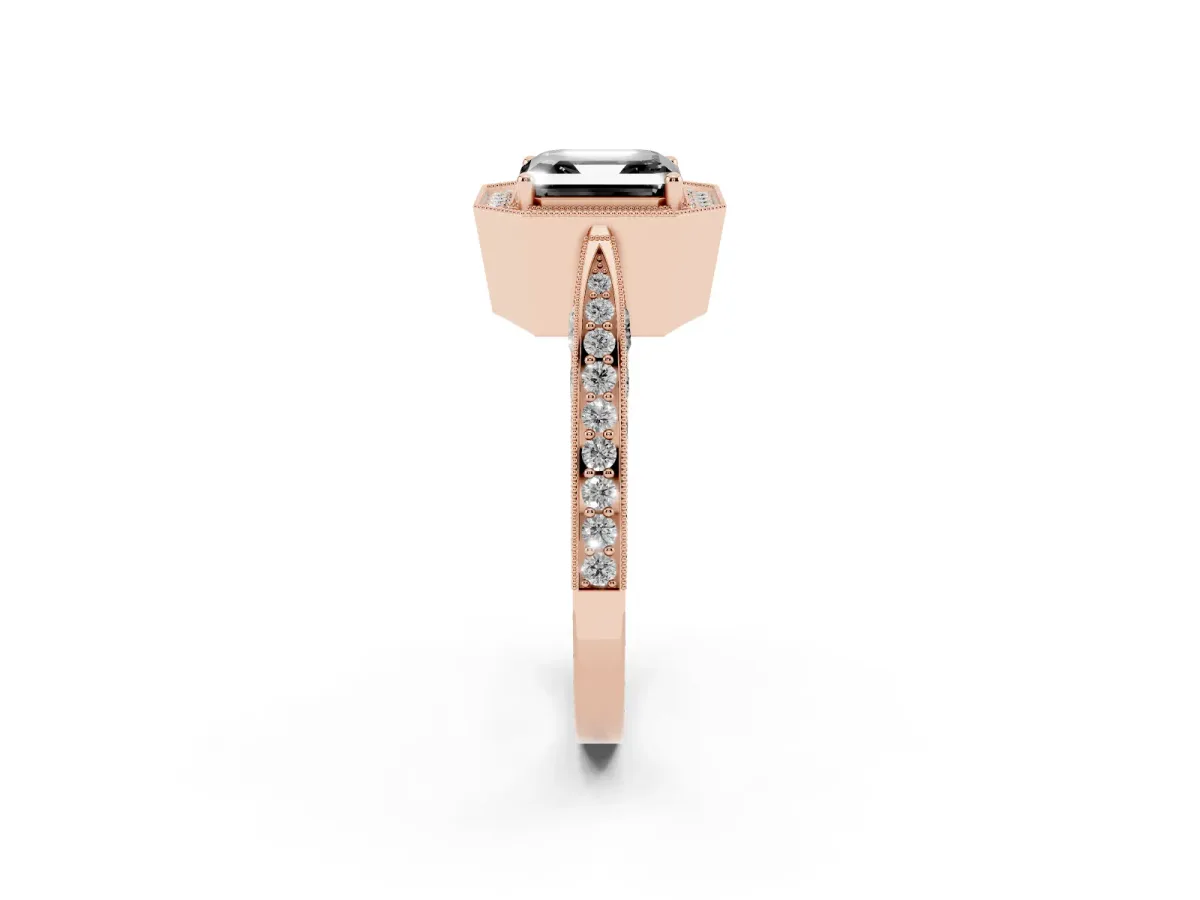 Fancy Black Asscher Cut Halo Diamond Engagement Ring with Split Shank Band and Four-Prong Setting Rose gold