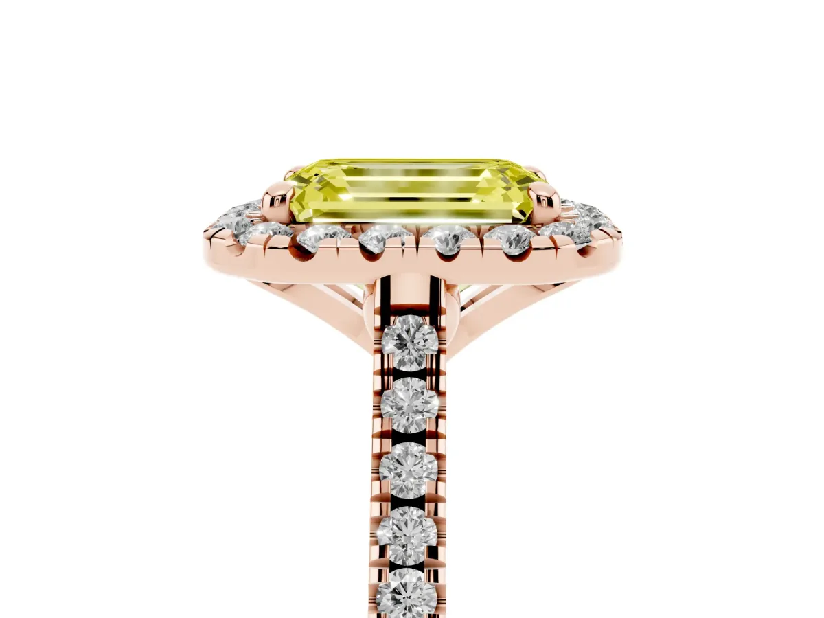 Fancy Yellow Emerald Cut Diamond Cushion Halo Ring with Pavé Band Rose gold
