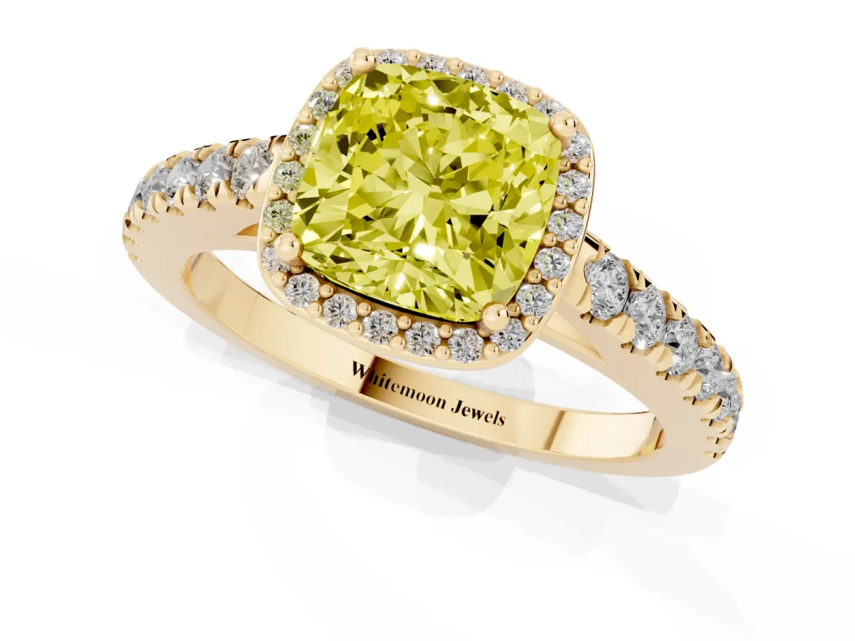 Fancy Yellow Cushion Cut Cut Halo Diamond Engagement Ring with Pave Band and Four-Prong Setting Yellow gold