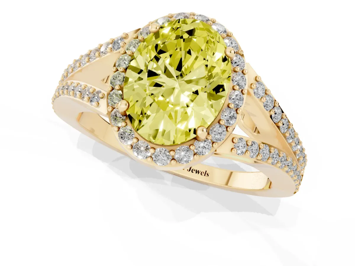 Fancy Yellow Oval Cut Halo Split Shank Diamond Ring with Prong Setting Yellow gold