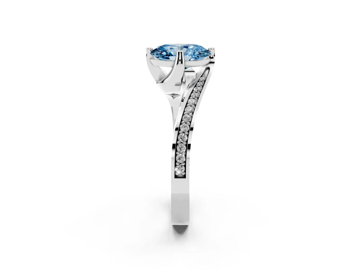 Fancy Blue Oval Cut Solitaire Diamond Twist Band with Pavé Setting and Four-Prong Setting Silver