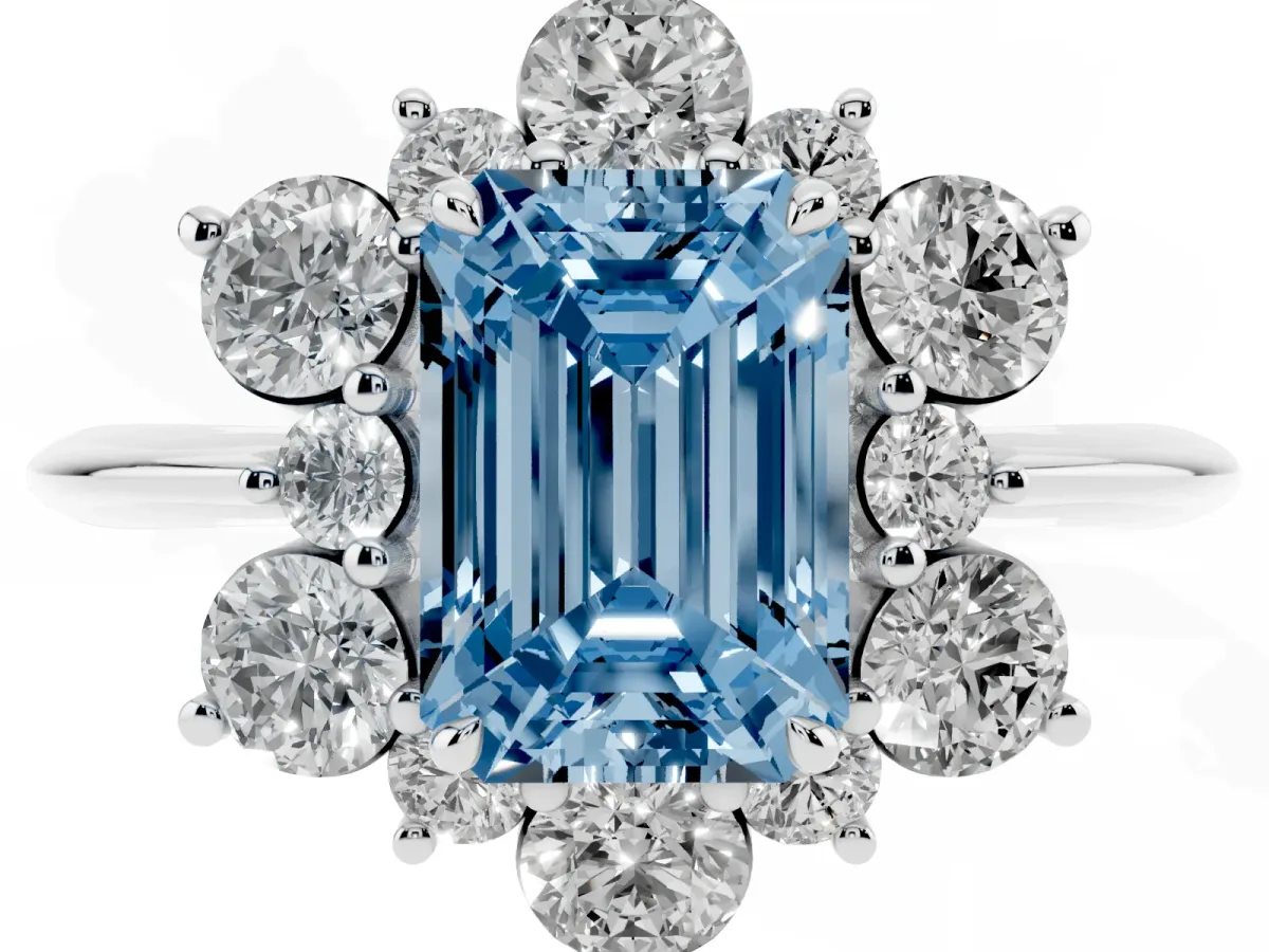 Fancy Blue Emerald Cut Diamond Cluster Halo Ring with Solitaire Band and Four-Prong Setting Silver