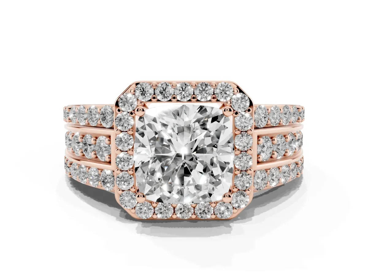 0.5 Carat Cushion Cut Halo Ring with Round Split Shank and Prong Setting Rose gold