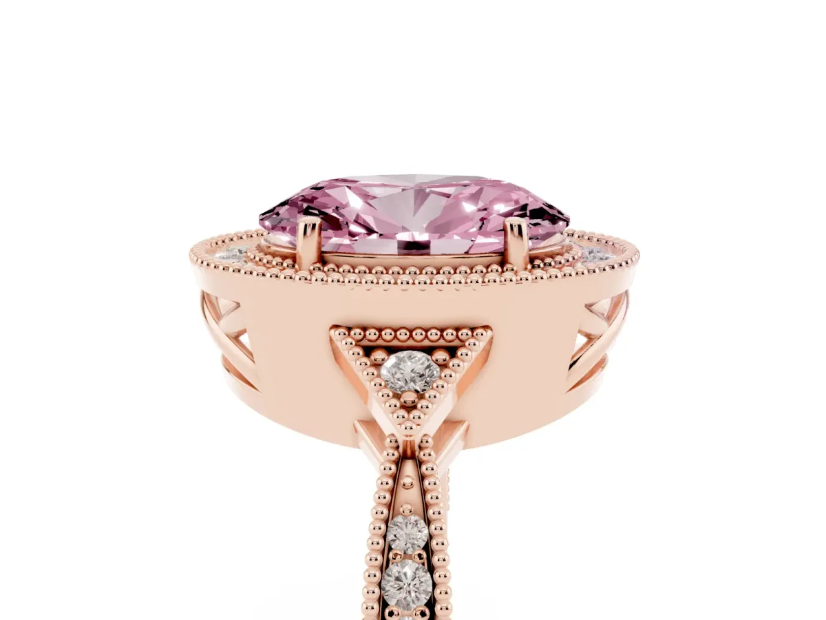 Fancy Pink Oval Cut Halo Round Diamond Milgrain Pave Engagement Ring Rose gold
