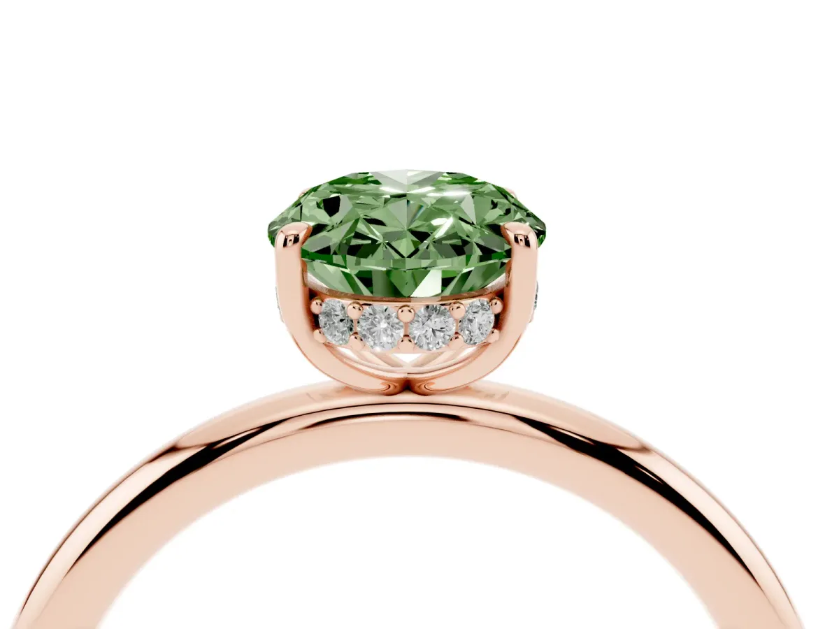 Fancy Green Oval Cut Diamond Solitaire Ring with Thin Band and Four-Prong Setting Rose gold