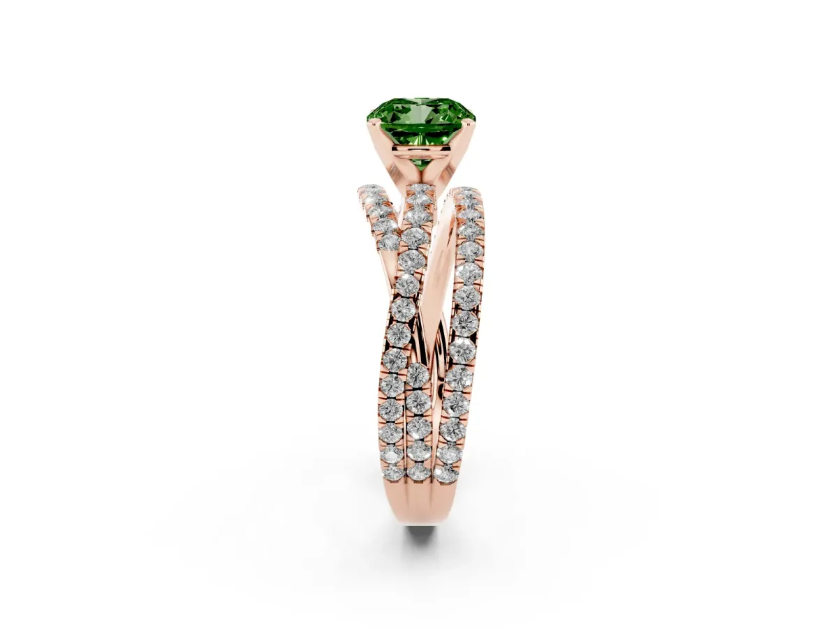 Fancy Green Cushion Cut Solitaire Twist Band with Pavé Setting and Four-Prong Setting Rose gold