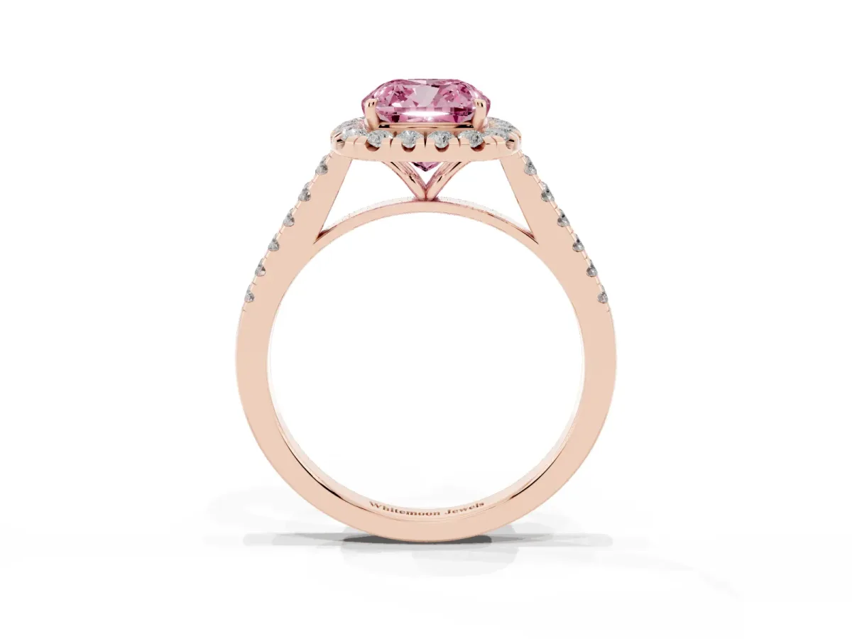 Fancy Pink Cushion Cut Halo Pave Diamond Engagement Ring with Four-Prong Setting Rose gold