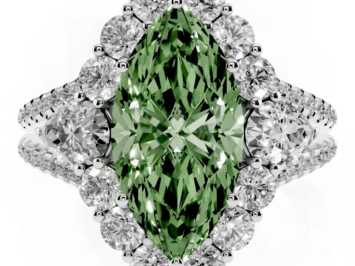 Fancy Green Marquise Cut Halo Split Shank Diamond Engagement Ring with Prong Setting Platinum