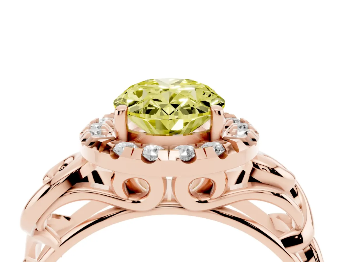 Fancy Yellow Oval Cut Cut Halo Diamond Ring with Scrollwork Band and Four-Prong Setting Rose gold