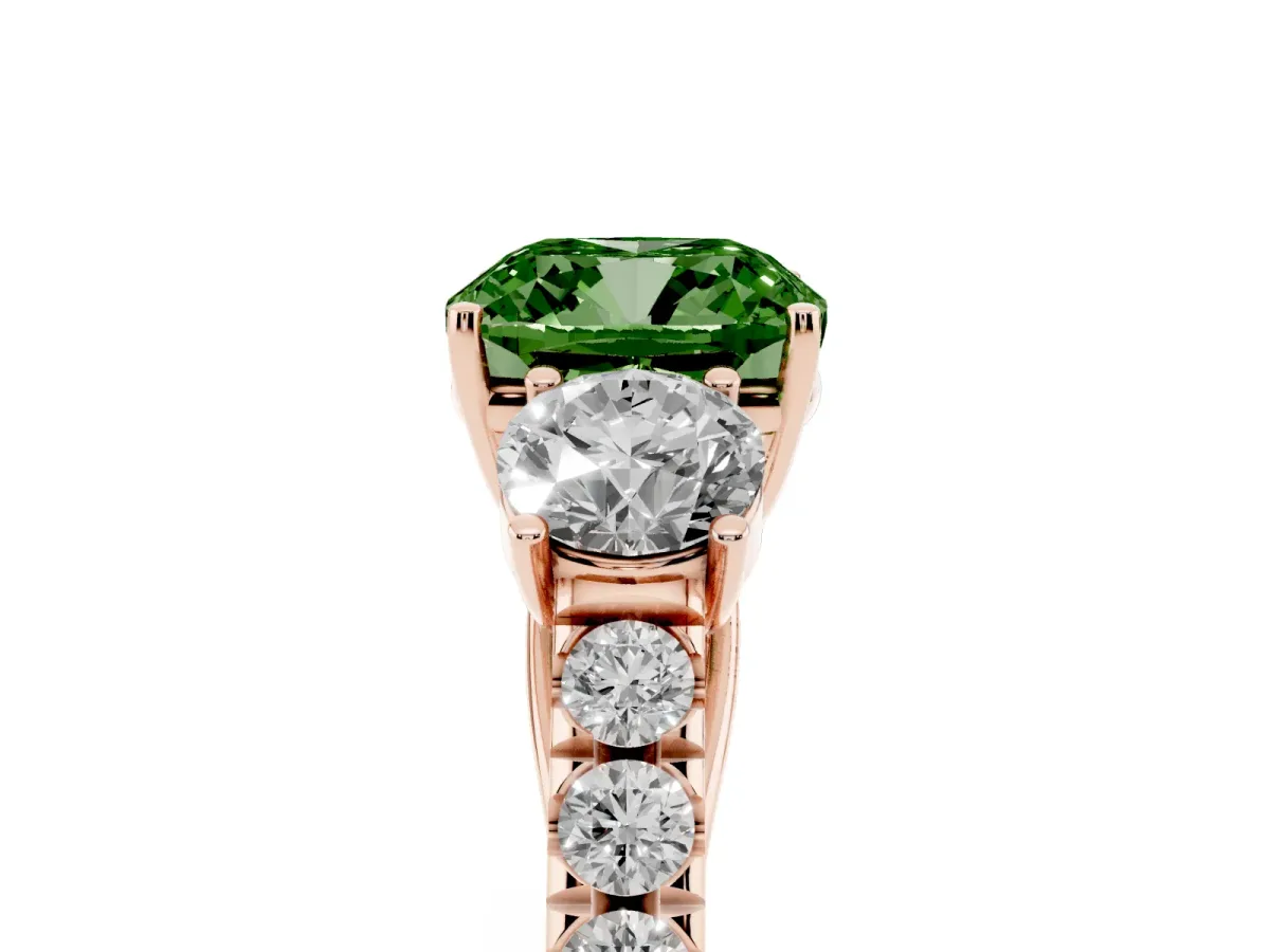 Fancy Green Cushion Cut Cut Diamond Three-Stone Ring with Round Side Stones and Pavé Band Rose gold