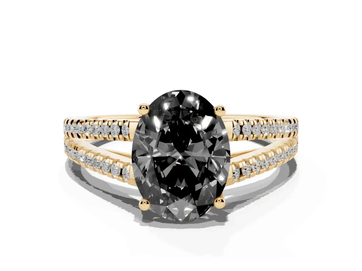 Fancy Black Oval Cut Diamond Solitaire Engagement Ring with Split Shank Pavé Band Yellow gold