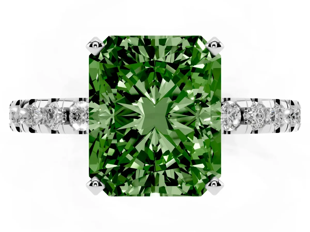Fancy Green Radiant Cut Diamond Solitaire Ring with Round Pavé Band and Four-Prong Setting Silver