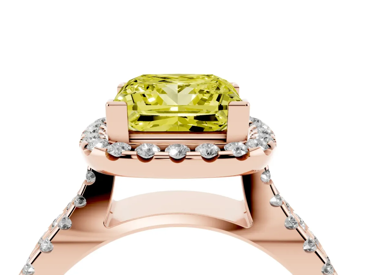 Fancy Yellow Princess Cut Diamond Halo Ring with Split Shank Pavé Band and Prong Setting Rose gold