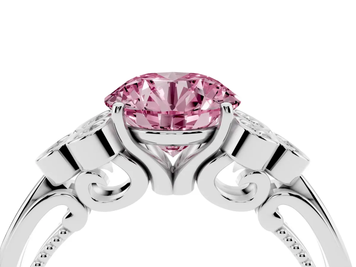 Fancy Pink Round Cut Cut Diamond Engagement Ring with Bezel Set Round Side Stones and Prong Setting Silver