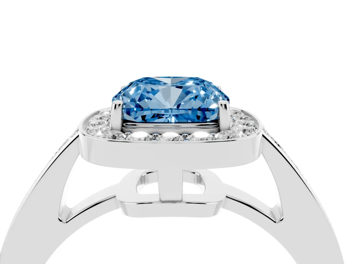 Fancy Blue Cushion Cut Halo Pavé Diamond Engagement Ring with Bezel Setting Platinum