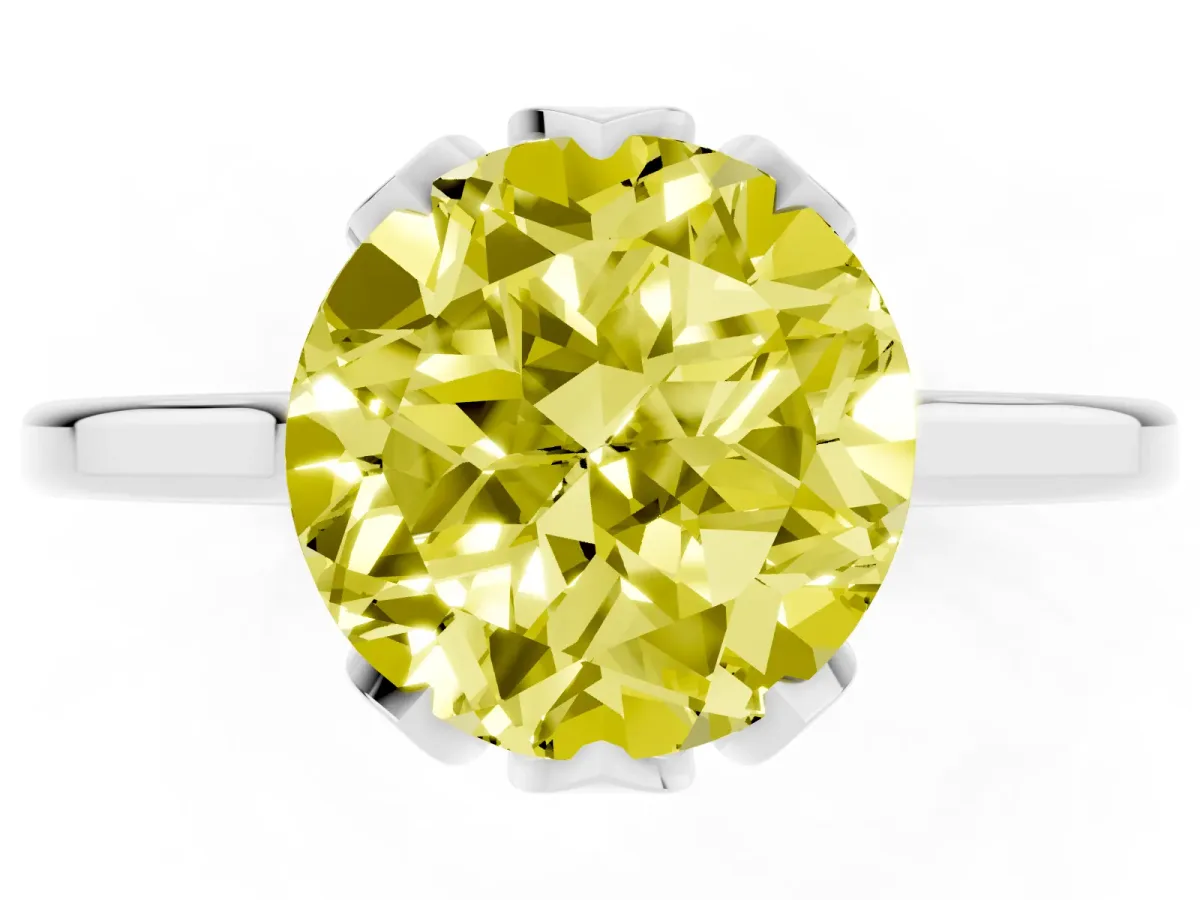Fancy Yellow Round Cut Diamond Solitaire Ring with Flower Prong Setting and Classic Band Silver