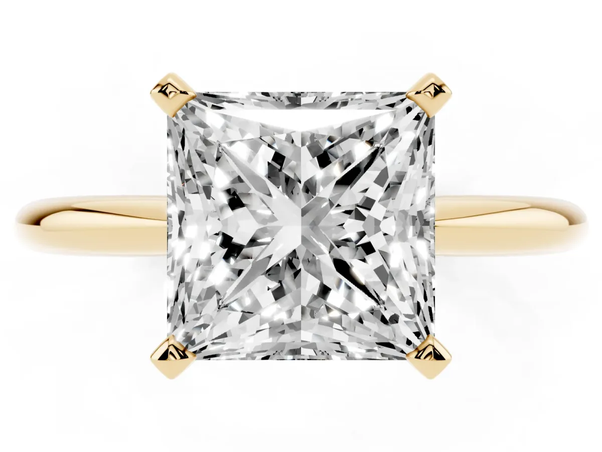 Princess Cut Diamond Solitaire Ring with Prong Setting and Classic Band Yellow gold