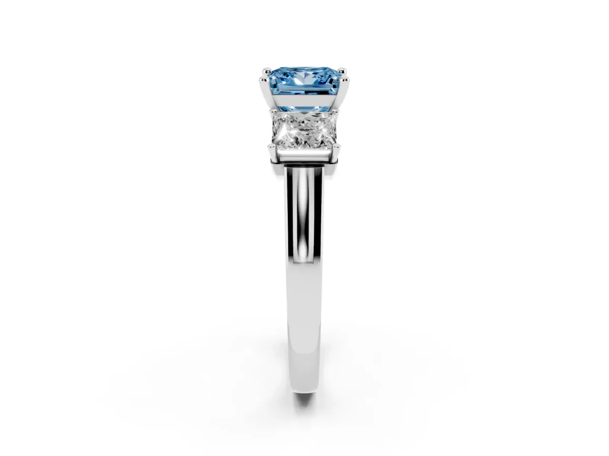 Fancy Blue Three-Stone Princess Cut Brilliant Diamond Trellis Ring with Comfort Fit Band White gold