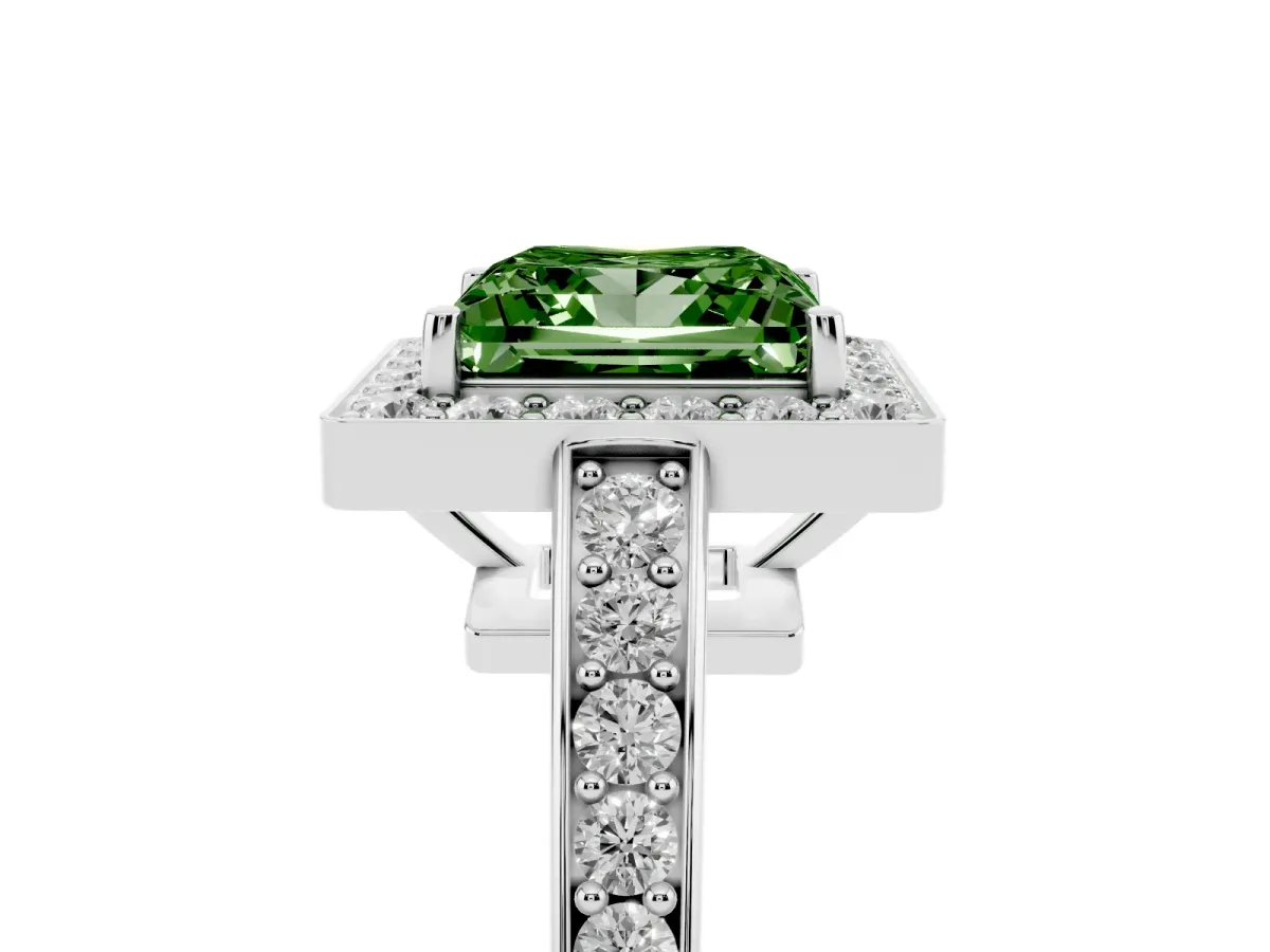 Fancy Green Princess Cut Halo Pavé Diamond Engagement Ring with Bezel Setting Silver