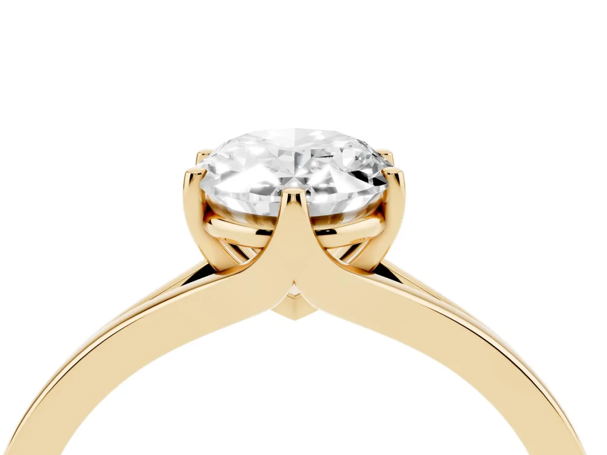 Oval Cut Solitaire Diamond Ring with Six-Prong Setting and Tapered Band Yellow gold