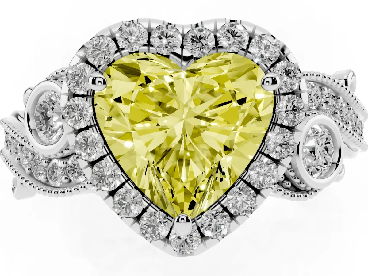 Fancy Yellow Heart Cut Halo Diamond Ring with Milgrain and Bezel Accents on a Split Shank Band Silver