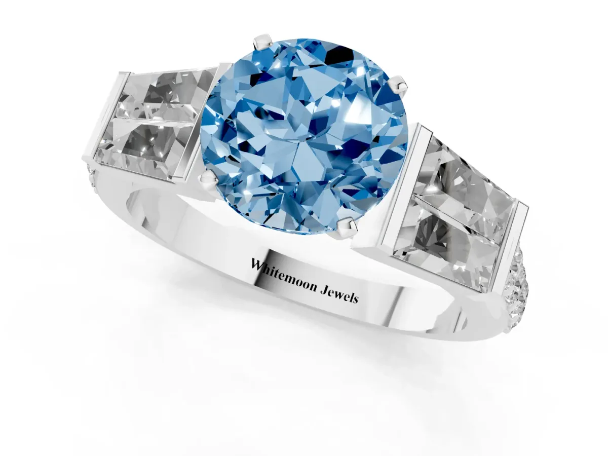 Fancy Blue Round Cut Diamond Engagement Ring with Baguette Side Stones and Channel Set Band White gold