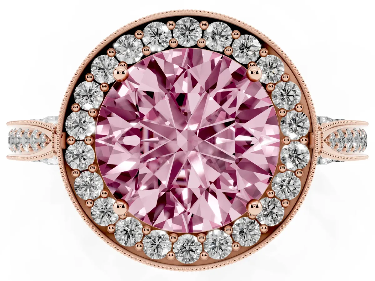Fancy Pink Round Cut Halo Diamond Engagement Ring with Split Shank Band and Four-Prong Setting Rose gold