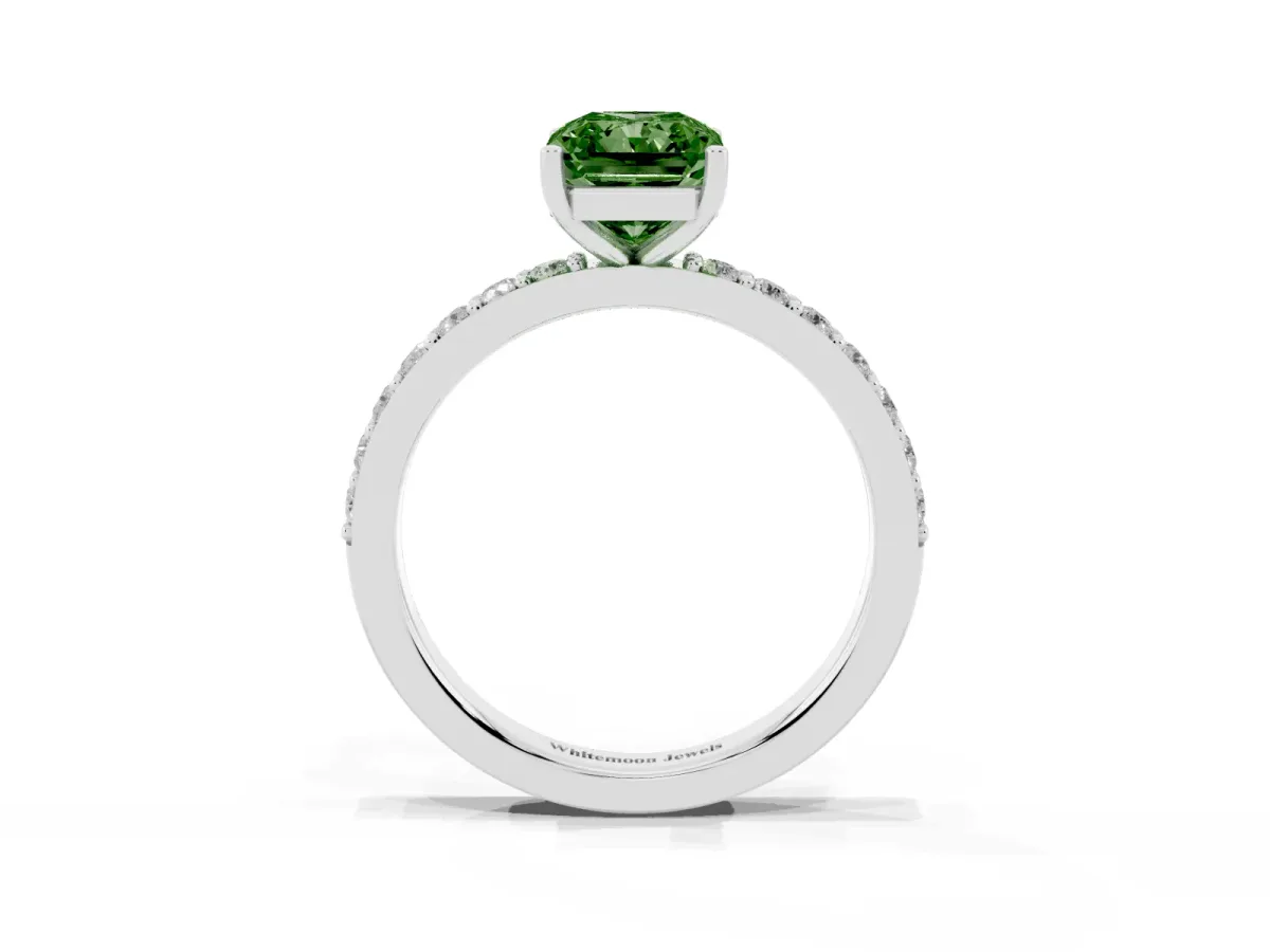 Fancy Green Radiant Cut Cut Diamond Solitaire with Pave Band and Four-Prong Setting Silver