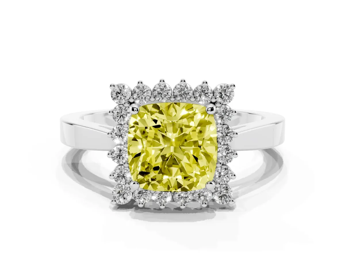 Fancy Yellow Cushion Cut Cut Diamond Halo Ring with Round Brilliant Halo and Solitaire Band Silver