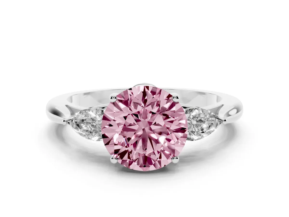Fancy Pink Round Cut Diamond Three-Stone Ring with Pear Side Stones and Prong Setting Silver