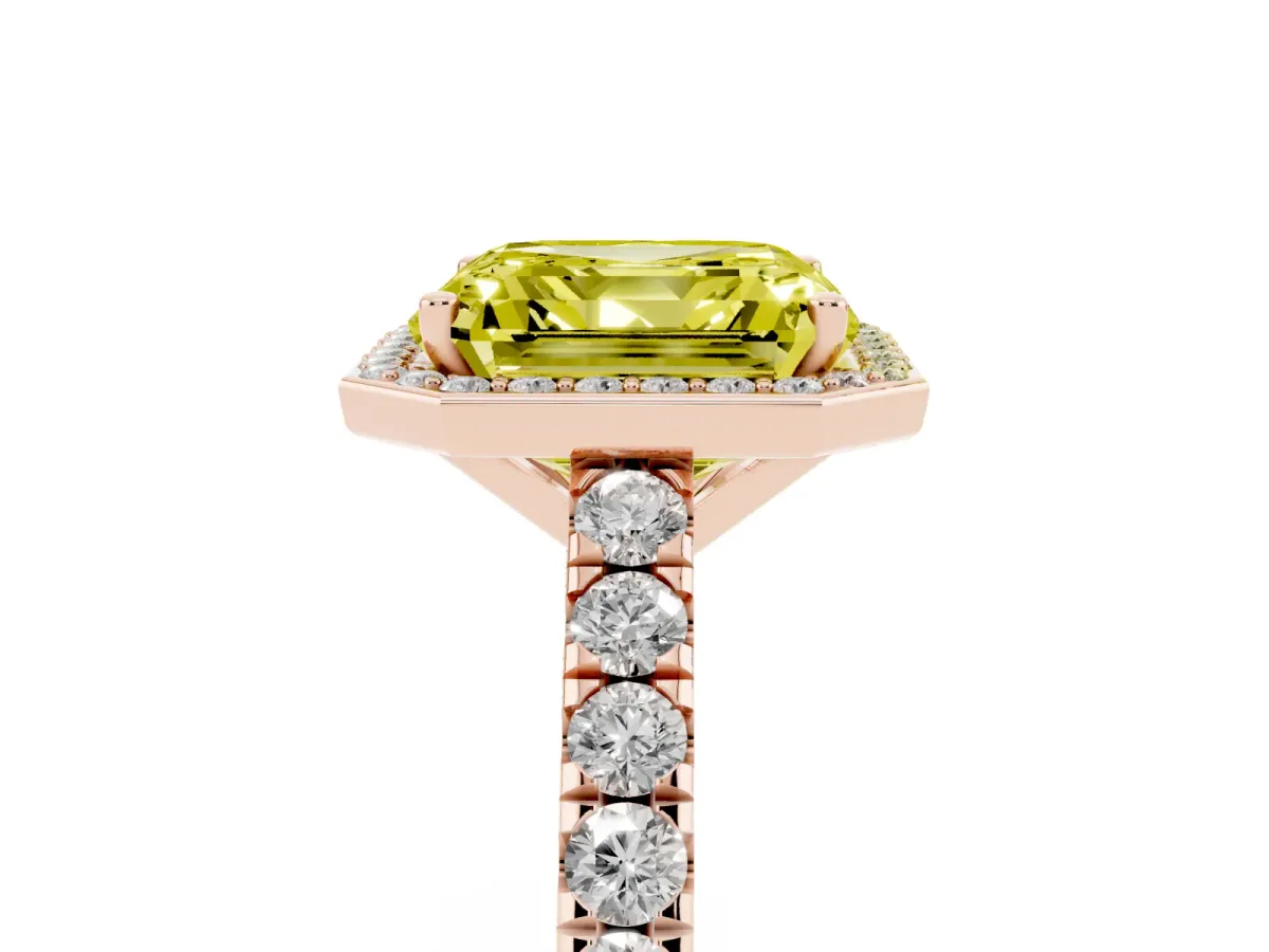 Fancy Yellow Asscher Cut Cut Halo Diamond Engagement Ring with Pave Band and Four-Prong Setting Rose gold