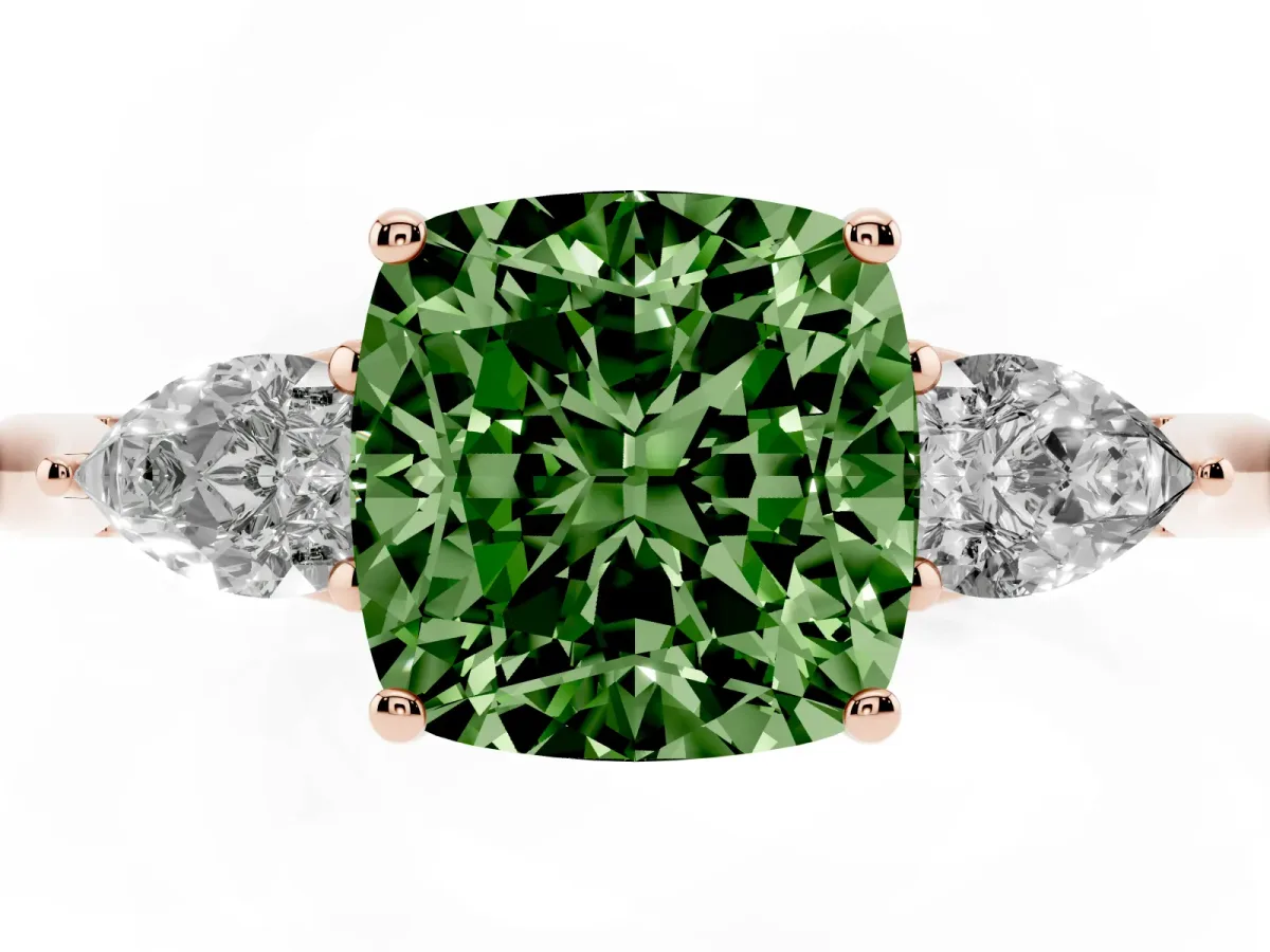 Fancy Green Three-Stone Cushion Cut Brilliant Diamond Solitaire Ring with Tapered Band and Four-Prong Setting Rose gold