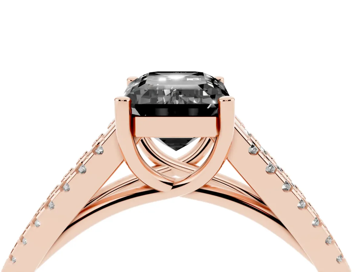 Fancy Black Emerald Cut Diamond Solitaire Engagement Ring with Split Shank Pavé Band Rose gold