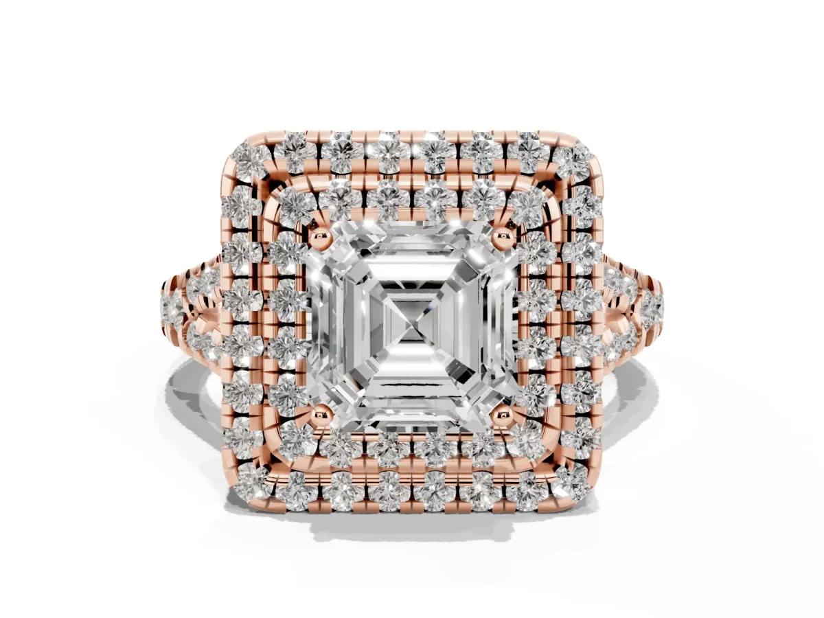 Double Halo Asscher Cut Diamond Pavé Split Shank Ring with Prong Setting Rose gold