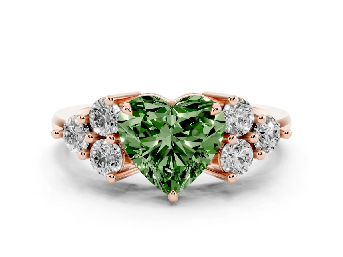 Fancy Green Heart Cut Brilliant Diamond Cluster Accent Solitaire Ring with Prong Setting Rose gold