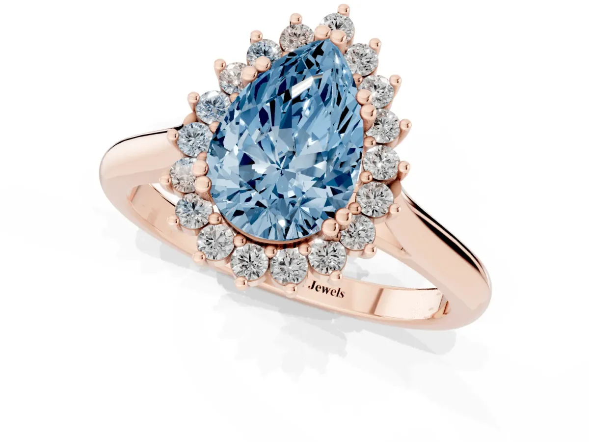 Fancy Blue Pear Cut Cut Diamond Halo Ring with Solitaire Band and Prong Setting Rose gold