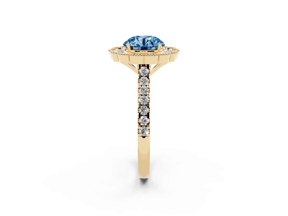 Fancy Blue Round Cut Cut Diamond Milgrain Floral Halo Engagement Ring with Pavé Band Yellow gold