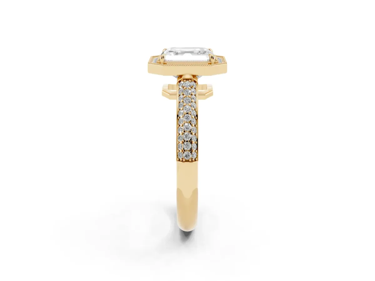 Asscher Cut Cut Halo Diamond Pave Band with Four-Prong Setting Yellow gold