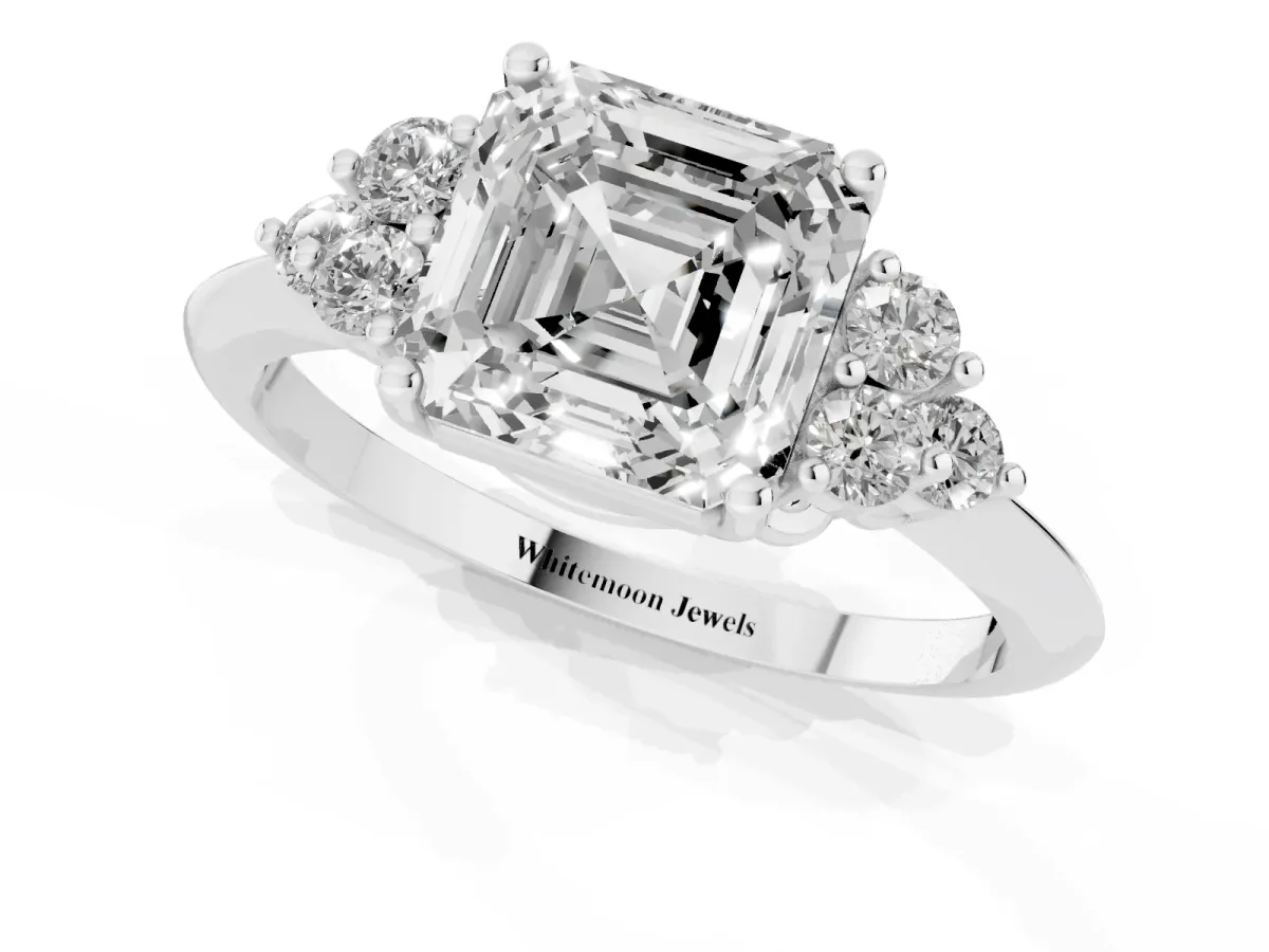 Asscher Cut Cut Diamond Cluster Ring with Solitaire Band and Four-Prong Setting Platinum