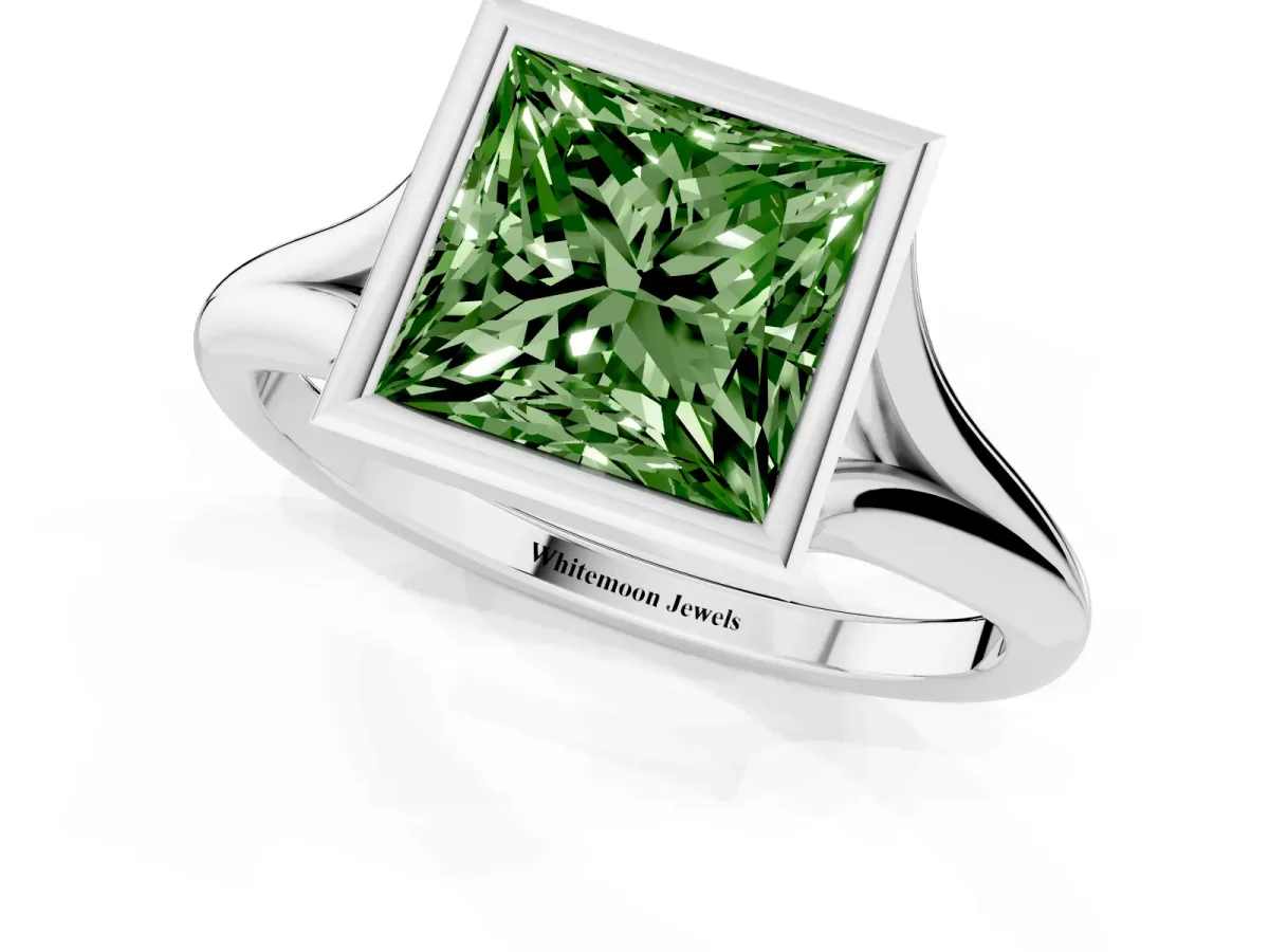 Fancy Green Bezel Set Princess Cut Cut Solitaire Ring with Tapered Band Platinum