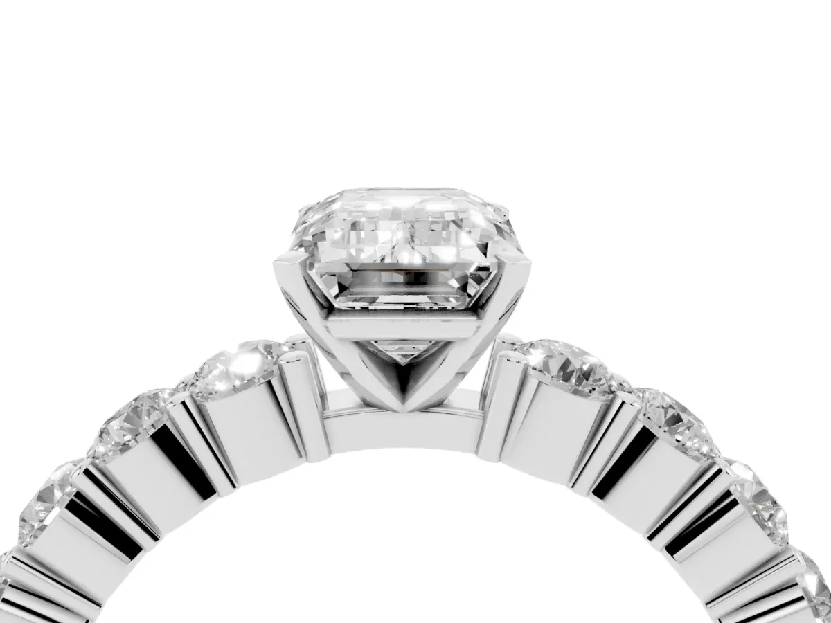 Emerald Cut Diamond Solitaire Ring with Shared Prong Round Side Stones Platinum