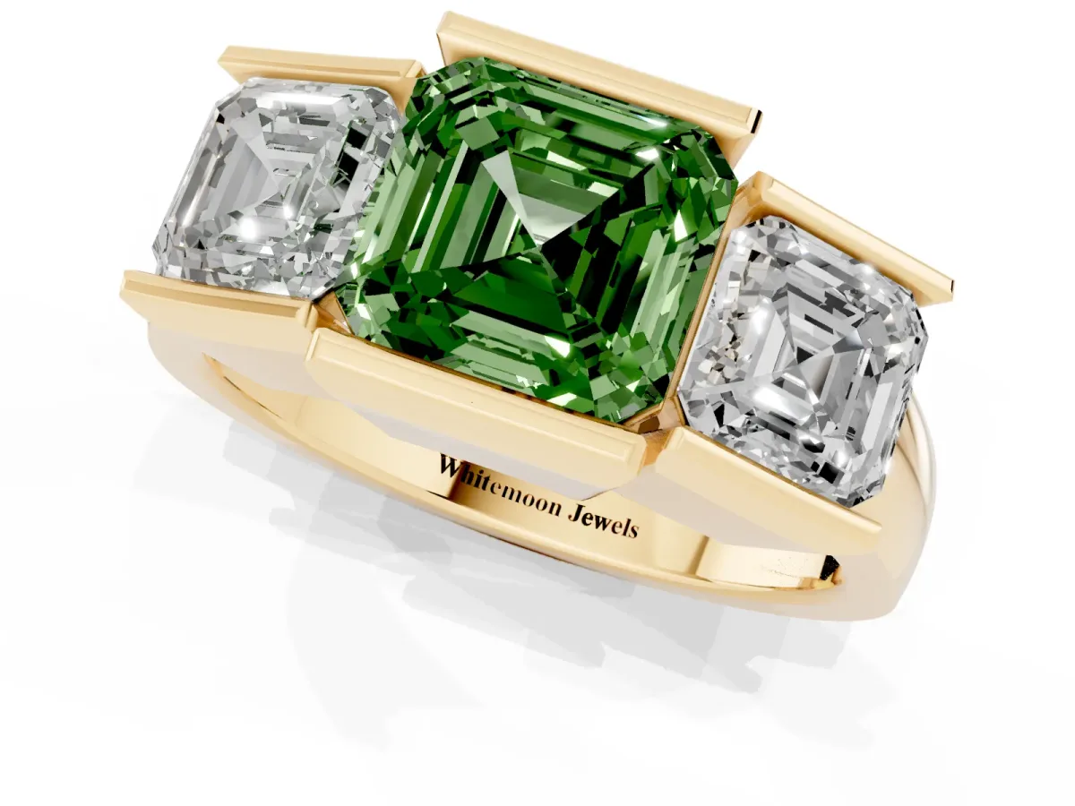 Fancy Green Three Stone Asscher Cut Cut Channel Set Diamond Ring Yellow gold