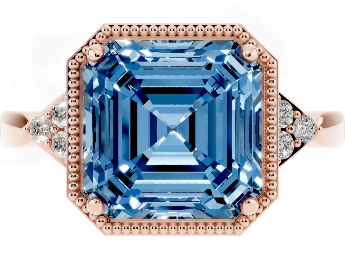 Fancy Blue Hexagonal Halo Asscher Cut Diamond Solitaire with Pavé Band and Four-Prong Setting Rose gold